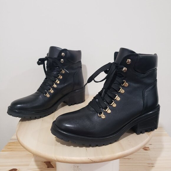 Steve Madden Grenada Boots Size 9 Moto Hiking Black Leather Lace up - Picture 10 of 14